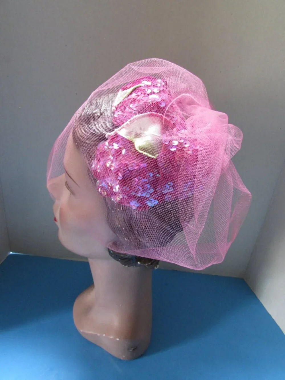 Vintage Half Hat Fuchsia Sequins Pink Veil